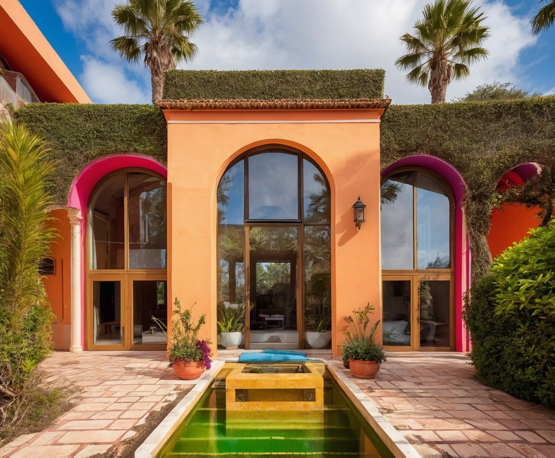 Villa de lujo con diseño moderno y colorido.